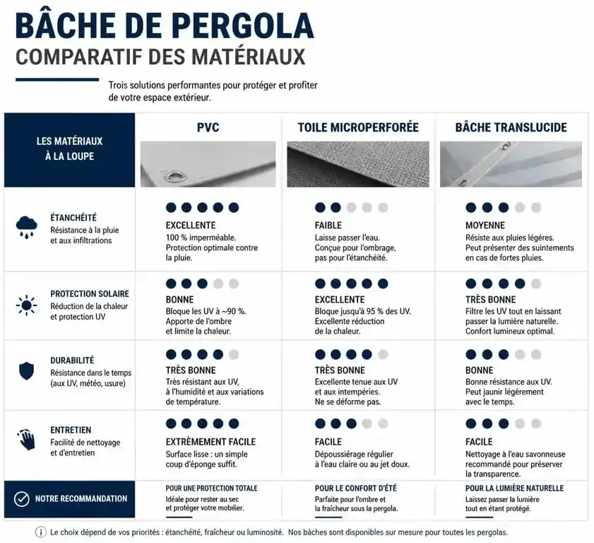 Comparatif des matériaux pour bâche de pergola : PVC, microperforée et translucide pour choisir la meilleure protection.