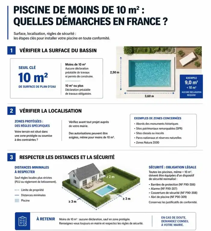 Infographie sur la réglementation des piscines de moins de 10m2 et démarches administratives