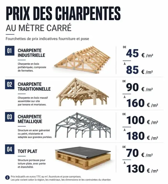 Infographie comparative des prix au m2 par type de charpente pour votre projet de construction ou rénovation
