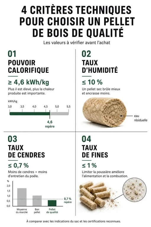 Infographie des critères techniques pour choisir le meilleur pellet de bois