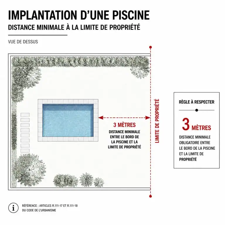 Schéma illustrant la distance légale de 3 mètres pour une piscine de moins de 10m2 par rapport au voisin