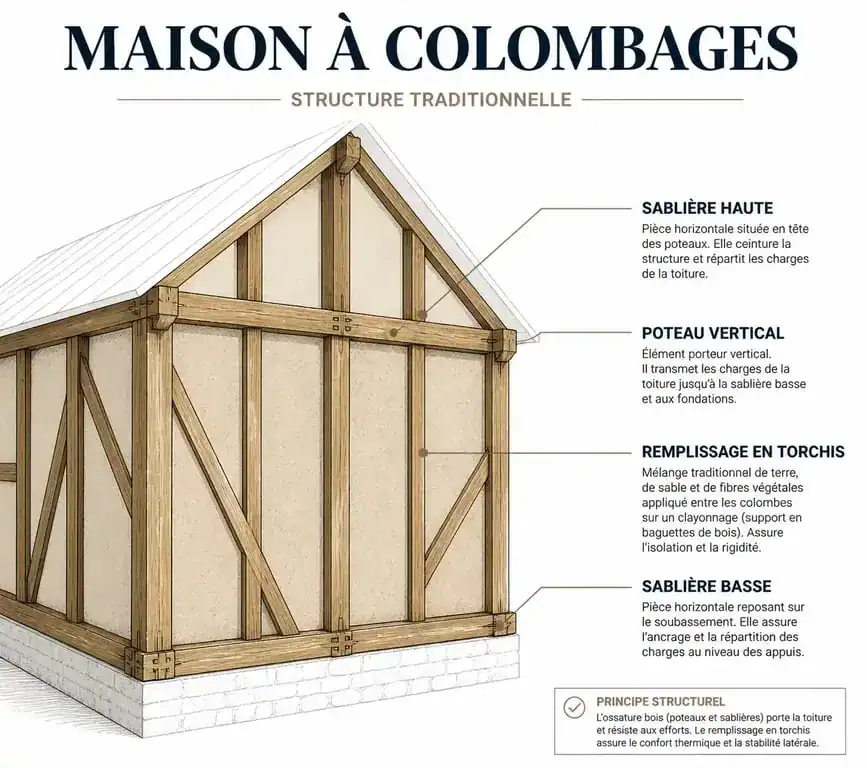 Schéma explicatif de la structure d'une maison à colombages avec ses éléments de charpente