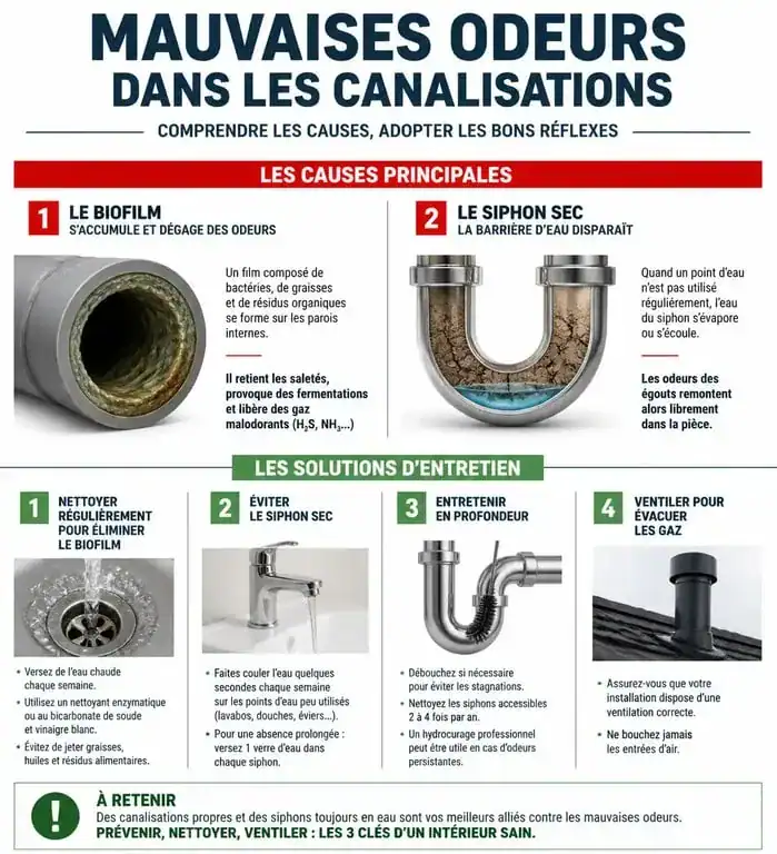 Infographie sur les causes et solutions pour un désodorisant canalisation efficace