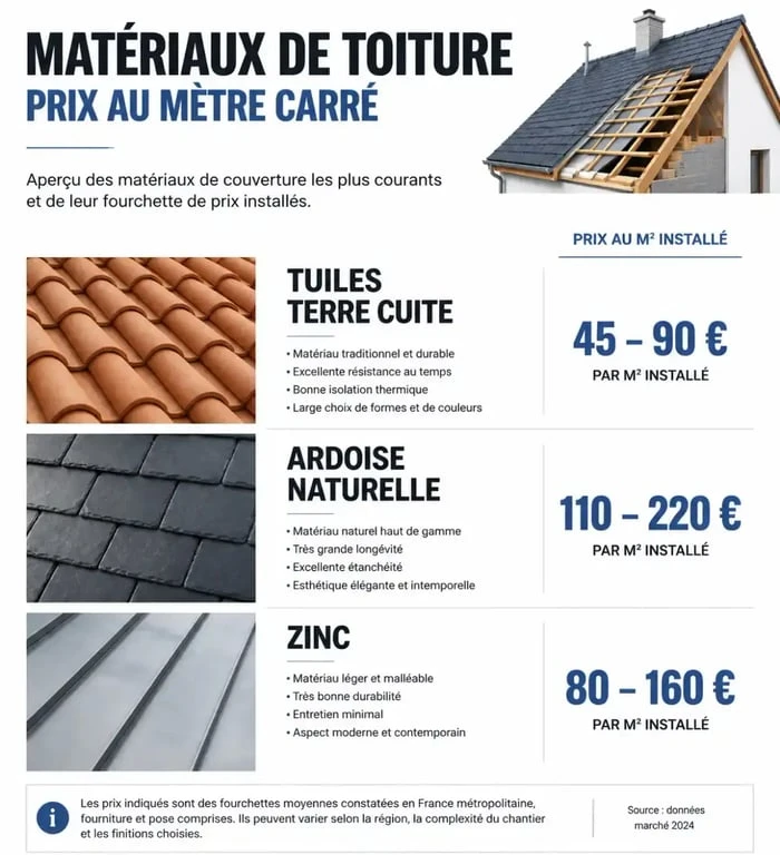 Comparatif des prix au m2 pour une toiture à refaire selon les matériaux