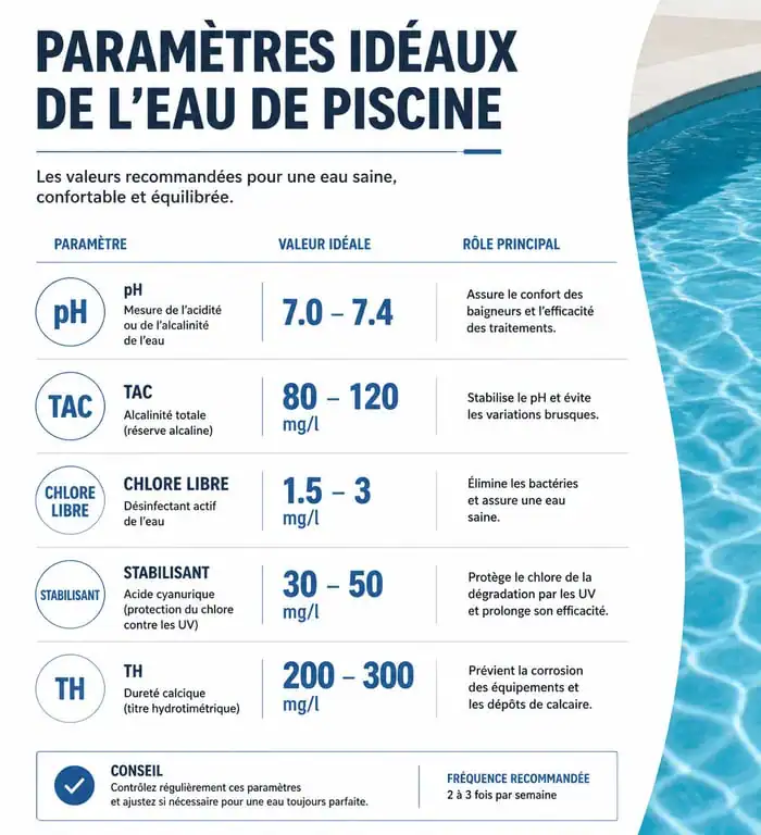 Tableau des paramètres optimaux pour l'entretien d'une piscine et éviter les algues vertes