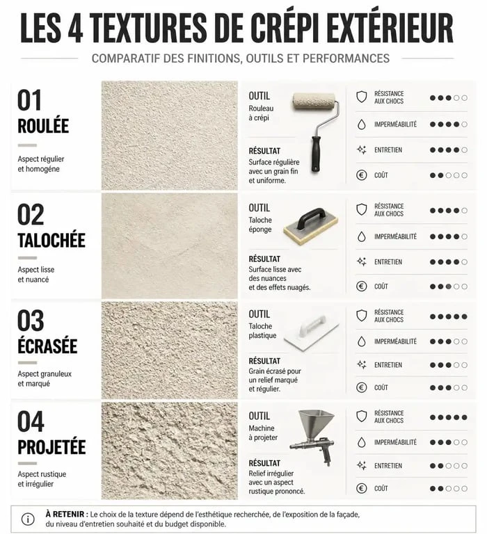 Différents types de finitions pour un crépi de muret extérieur : roulée, talochée, écrasée et projetée