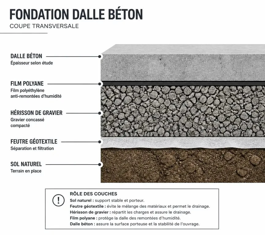 Schéma en coupe d'un hérisson de gravier sous dalle béton avec feutre géotextile et film polyane