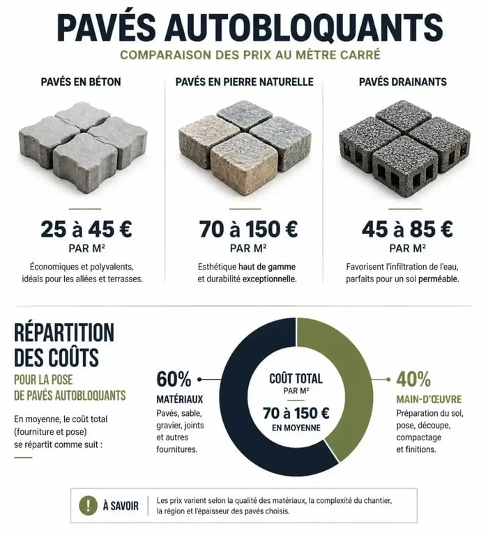Graphique comparatif des prix des pavés autobloquants par matériau et coût de pose au m2
