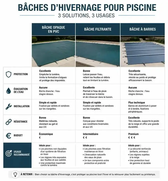 Comparatif des types de bâche hivernage piscine sur mesure : opaque, filtrante et à barres
