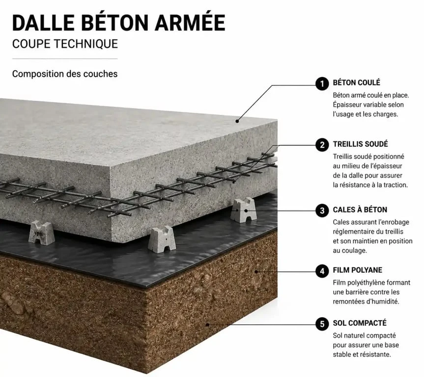Schéma technique de la pose du ferraillage pour une dalle béton