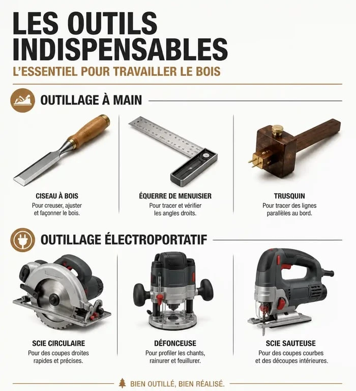 Infographie des outils indispensables pour menuisier, incluant outils à main et électroportatifs pour l'atelier.