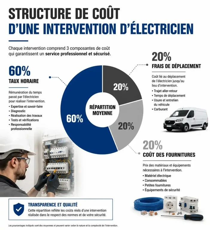 Infographie montrant la structure du taux horaire d'un électricien et les coûts associés pour un devis.