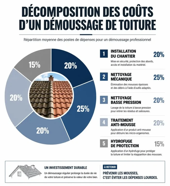 Infographie montrant la décomposition des coûts d'un exemple de devis de démoussage de toiture