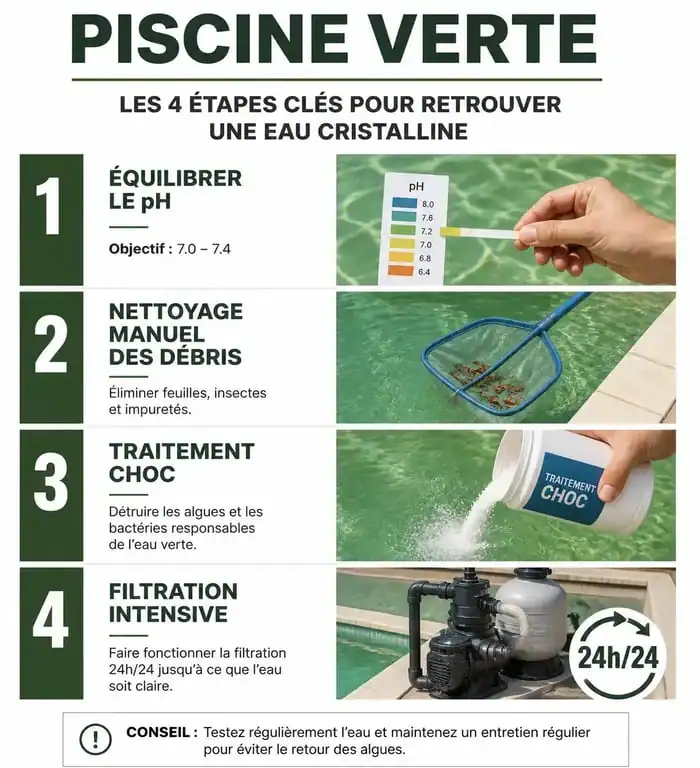Infographie des étapes pour nettoyer une piscine verte