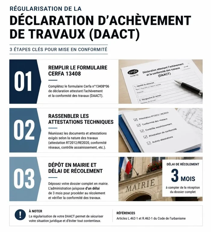 Schéma des étapes de régularisation en cas d'oubli de déclaration d'achèvement de travaux DAACT