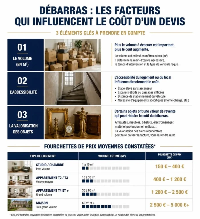 Infographie des facteurs de prix et tarifs moyens pour un devis de débarras professionnel