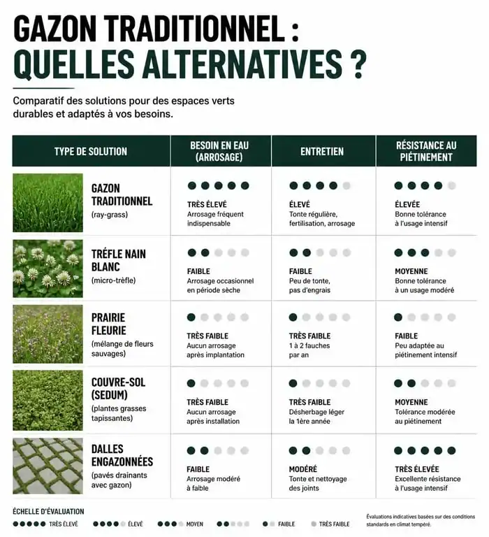 Tableau comparatif des alternatives au gazon pour remplacer sa pelouse