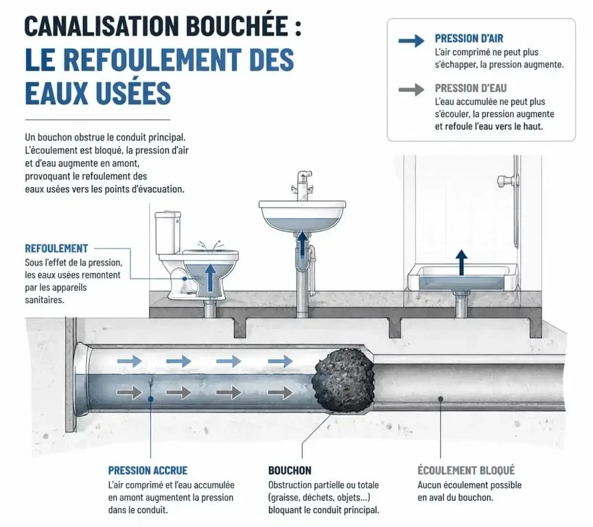 Schéma explicatif du fonctionnement d'un refoulement de canalisation avec bouchon