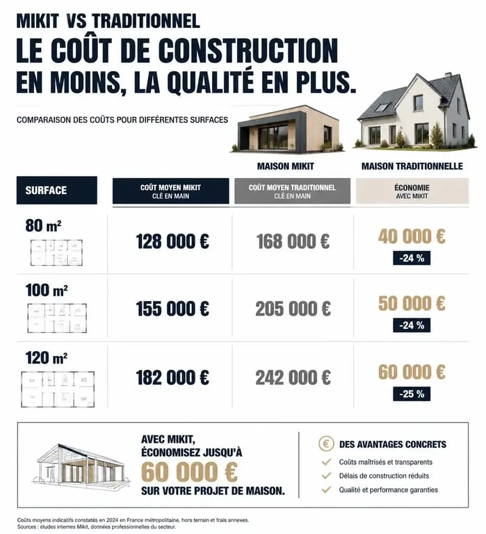 Comparatif des prix d'une maison Mikit par rapport à une construction traditionnelle pour différentes surfaces