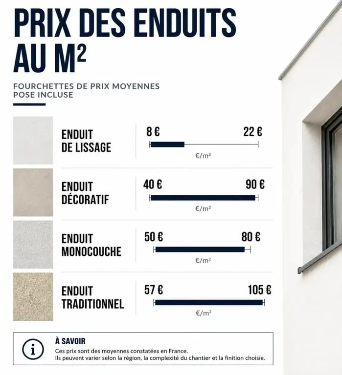 Infographie comparative des prix au m2 pour la pose d'enduit intérieur et extérieur