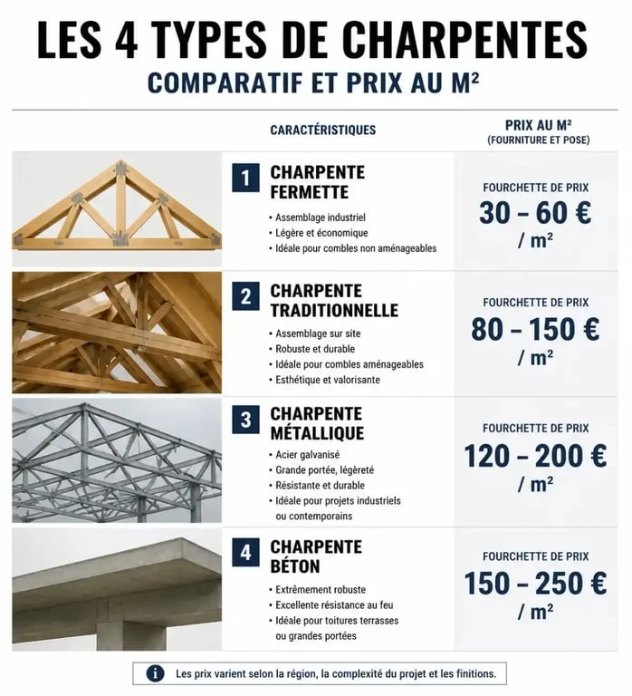 Comparatif des prix au m² des différents types de charpentes pour la construction ou la rénovation.