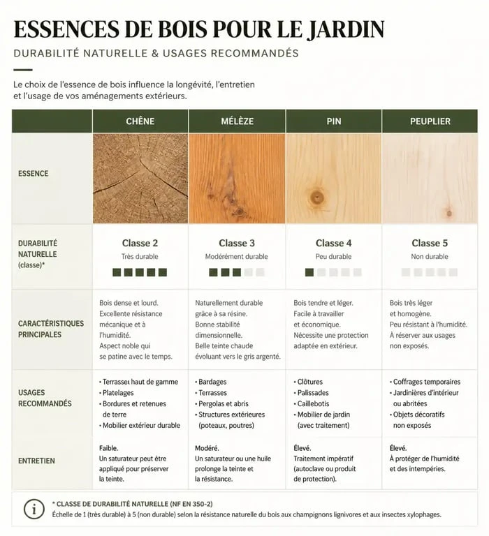 Tableau comparatif des essences de bois pour vos projets de jardin avec rondins
