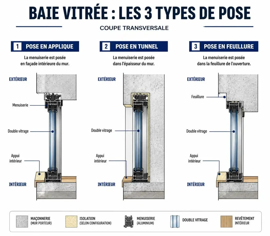 Schéma comparatif des techniques d'installation baie vitrée : pose en applique, tunnel et feuillure