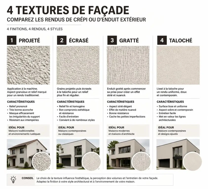 Comparatif visuel des textures de crépi ou enduit extérieur : projeté, écrasé, gratté et taloché.