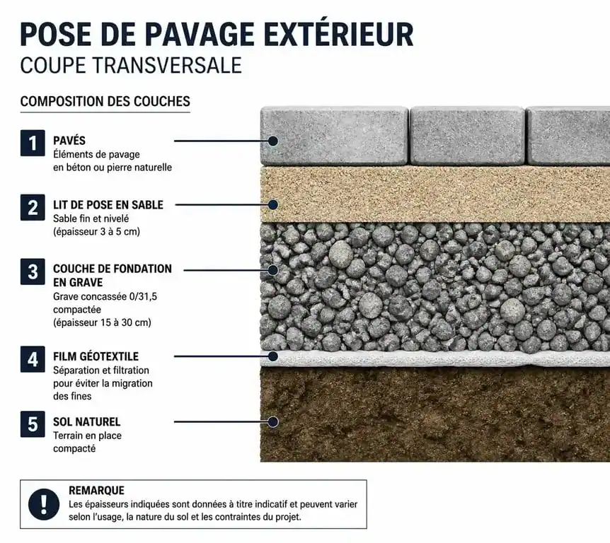 Schéma en coupe des étapes de pose de pavage extérieur