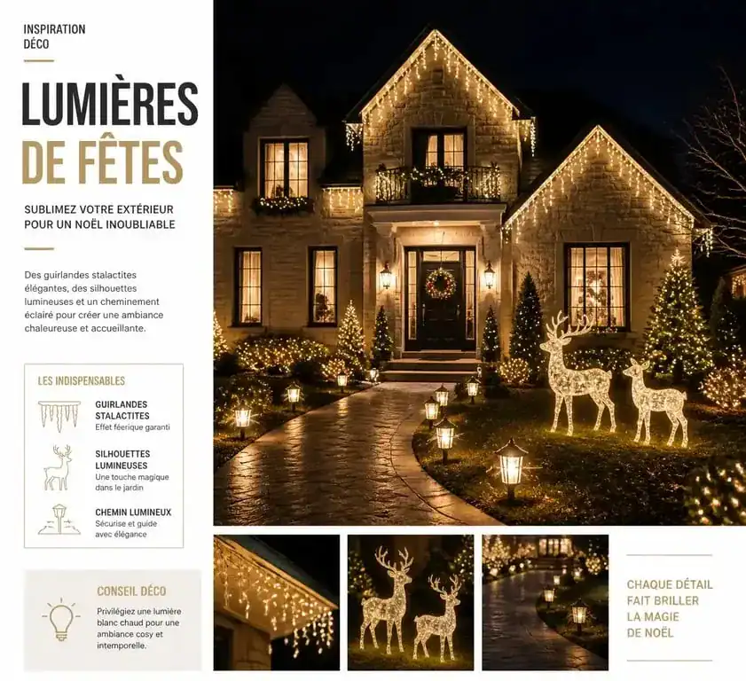 Décoration de Noël extérieure élégante avec éclairage LED pour jardin et façade