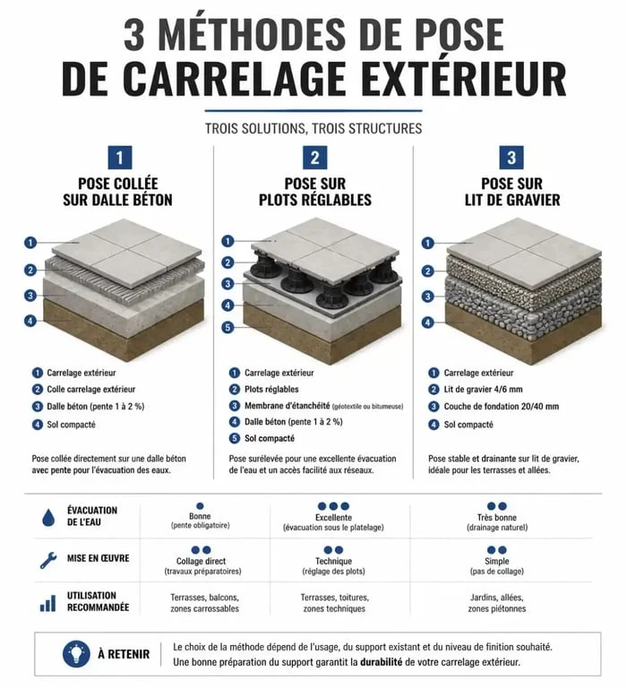 Comparatif des méthodes de pose pour carrelage terrasse moderne : collée, sur plots ou sur gravier