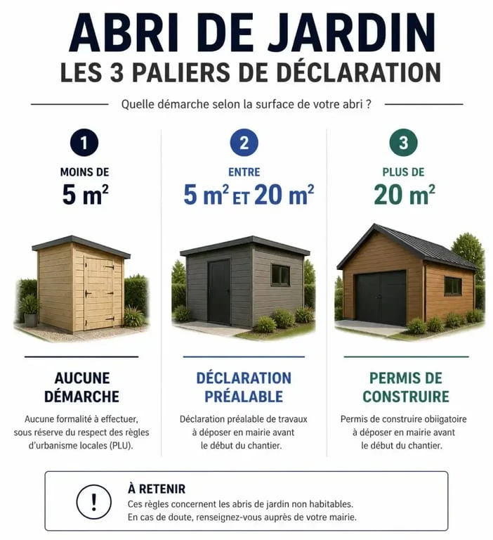 Infographie des seuils de déclaration de travaux pour un abri de jardin en France
