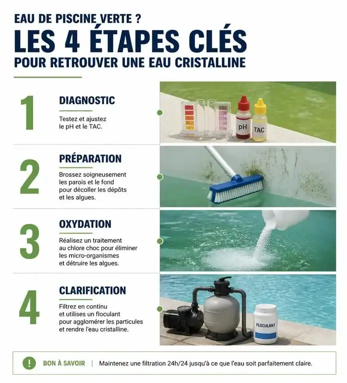 Étapes pour traiter une eau verte de piscine : diagnostic, brossage, chloration choc et filtration.