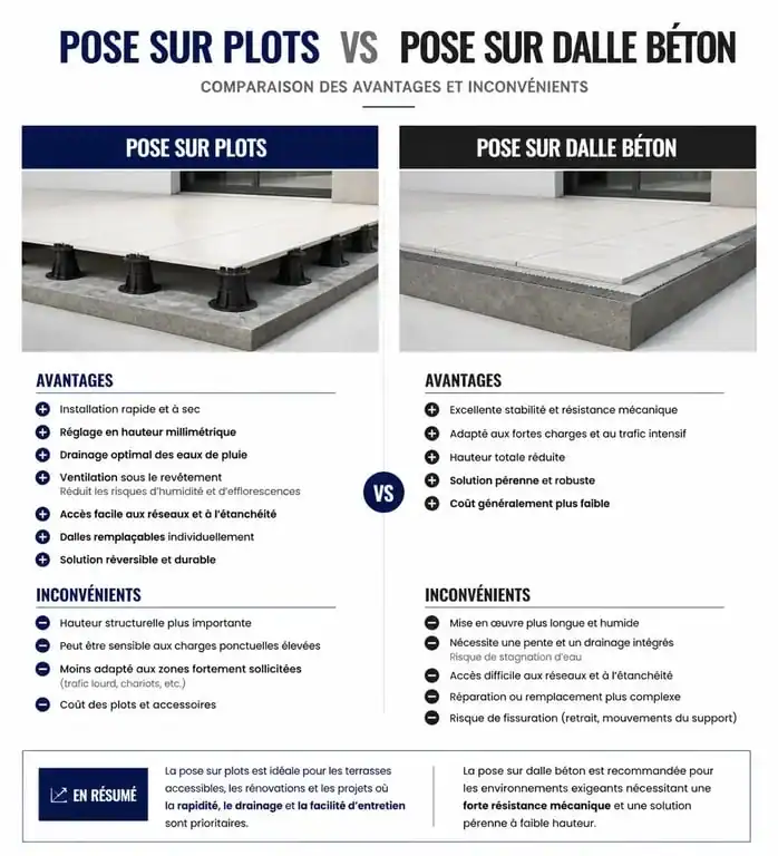 Infographie comparative des inconvénients et avantages de la terrasse sur plots versus dalle béton