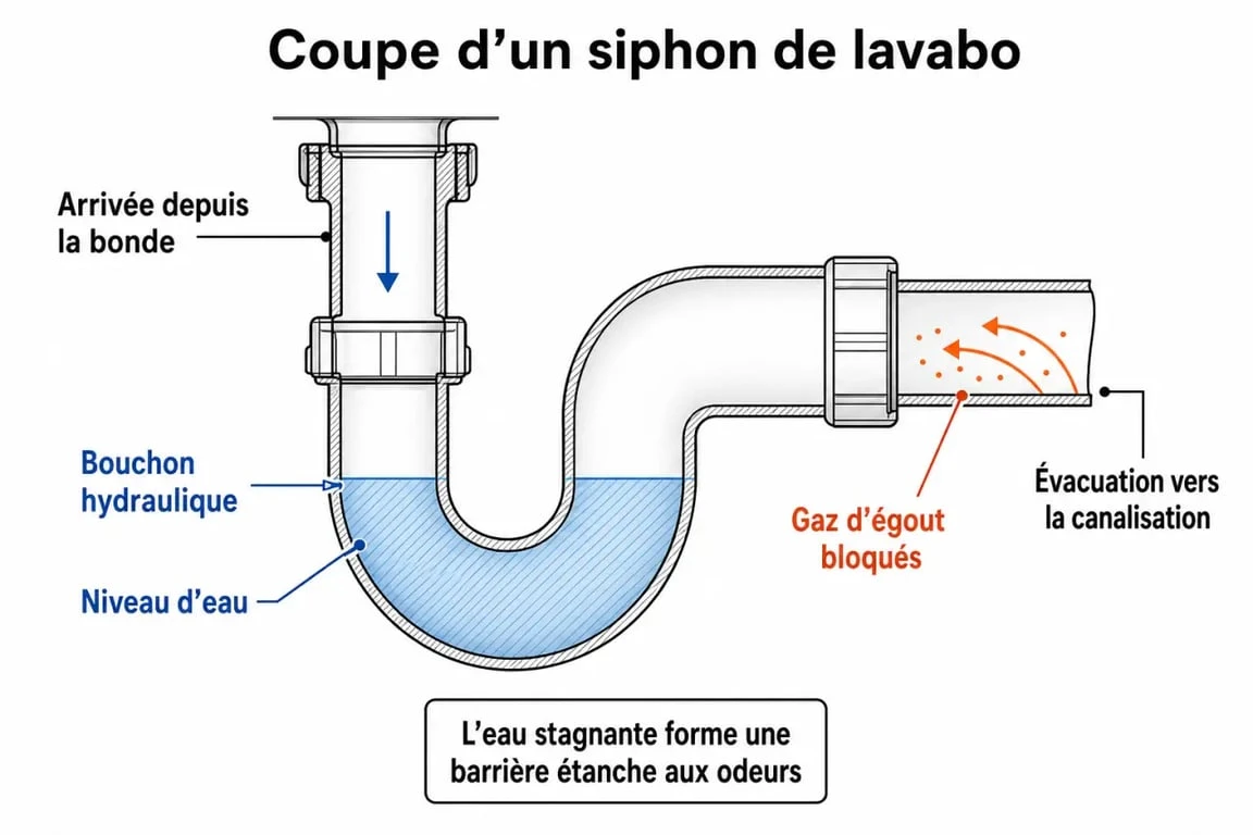 Schéma explicatif du fonctionnement d'un siphon de canalisation pour éviter les mauvaises odeurs