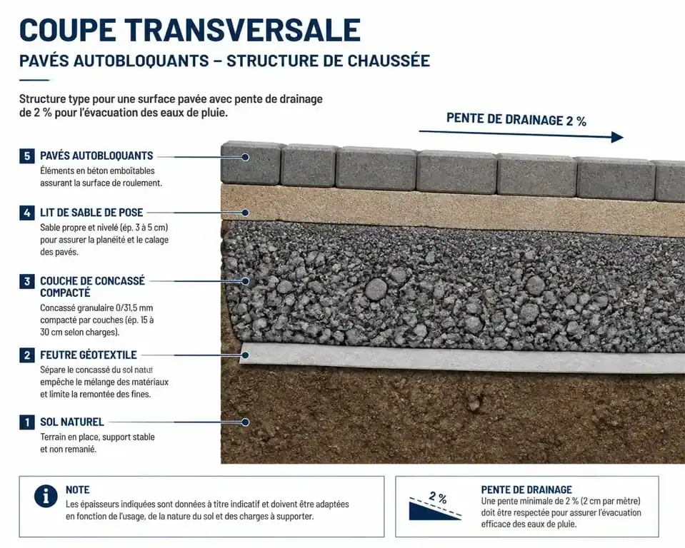 Schéma technique de la pose de pavés autobloquants : coupe transversale des couches de fondation