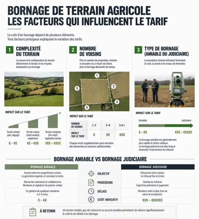 Infographie sur les facteurs influençant le tarif d'un bornage de terrain agricole et les différences entre bornage amiable et judiciaire