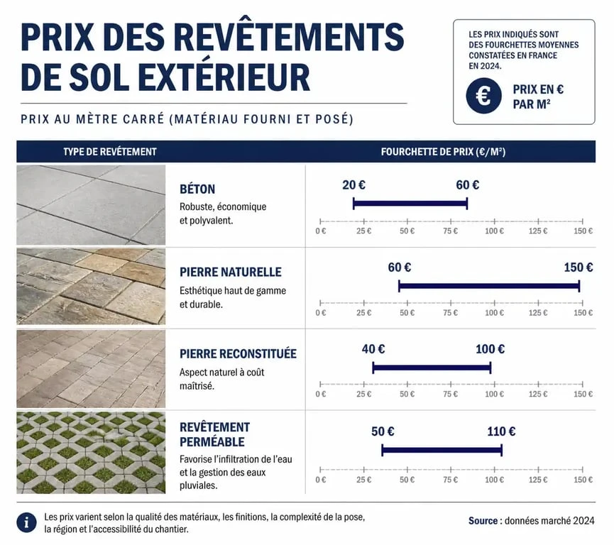 Graphique comparatif des prix au m2 pour la pose de pavés en béton, pierre naturelle et pierre reconstituée