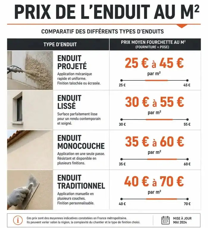 Tableau comparatif des prix de l'enduit au m2 selon le type de finition et d'application