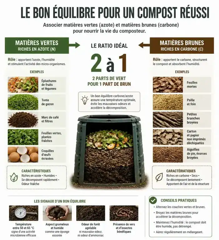 Infographie sur l'équilibre des matières pour un composteur de jardin