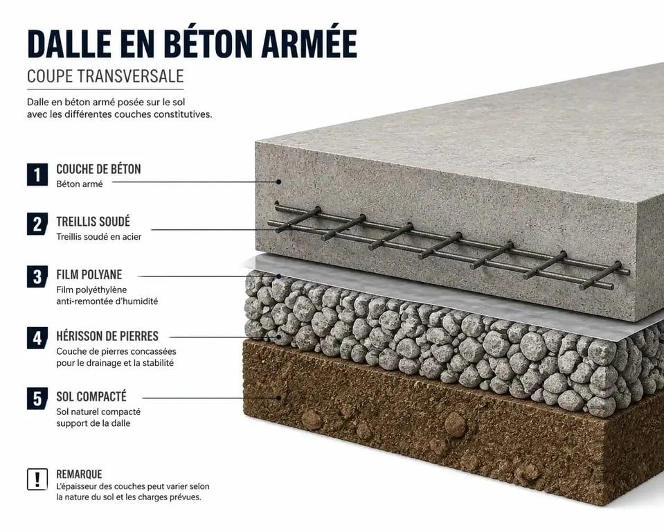 Schéma technique d'une dalle en béton armé montrant les couches de construction