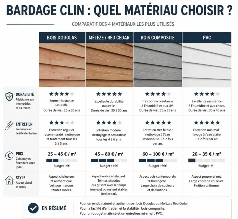 Tableau comparatif des matériaux pour bardage clin : bois Douglas, Mélèze, composite et PVC pour choisir le meilleur revêtement de façade.