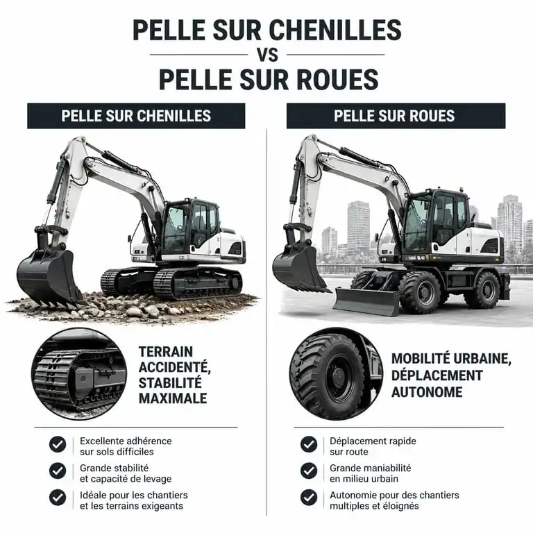 Comparatif technique entre pelle sur chenilles et pelle sur roues pour travaux de terrassement