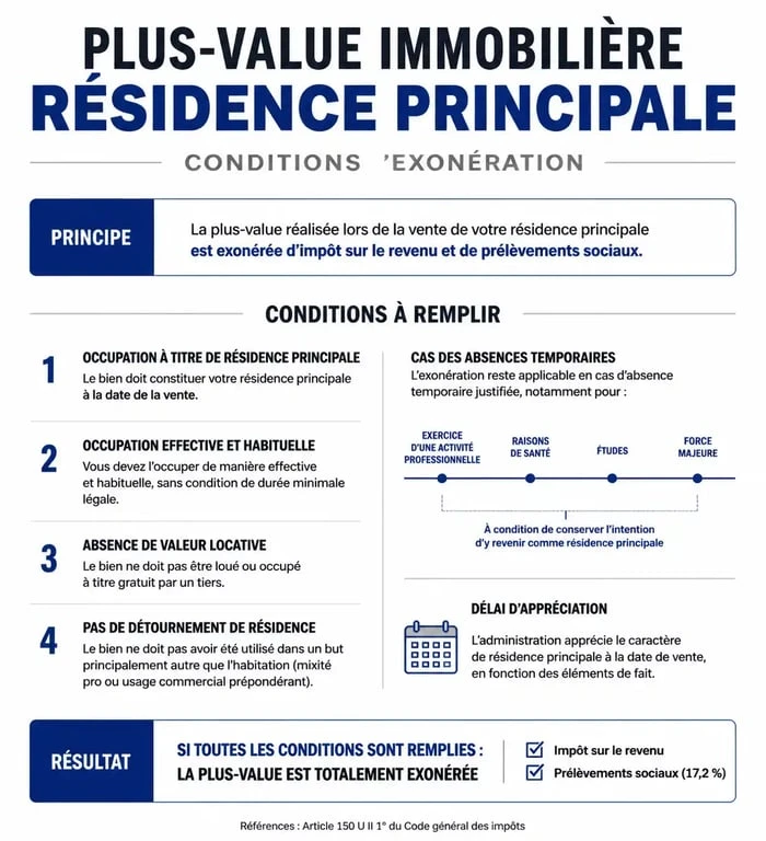 Infographie des conditions d'exonération de la plus-value sur résidence principale