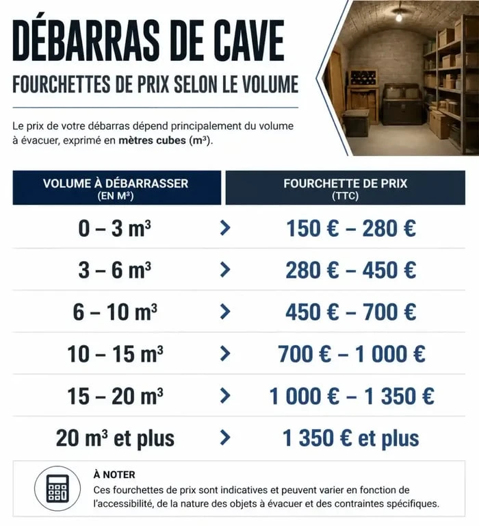 Infographie des tarifs moyens pour débarrasser une cave selon le volume en m3