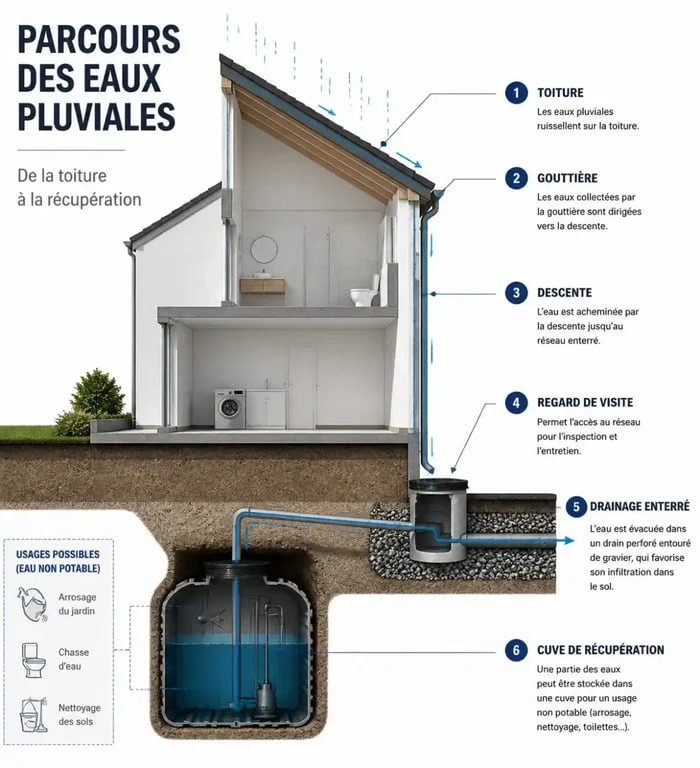 Schéma technique du système d'évacuation des eaux pluviales d'une maison