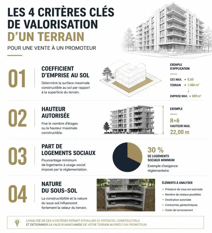 Infographie des critères de valorisation d'un terrain pour vendre à un promoteur immobilier