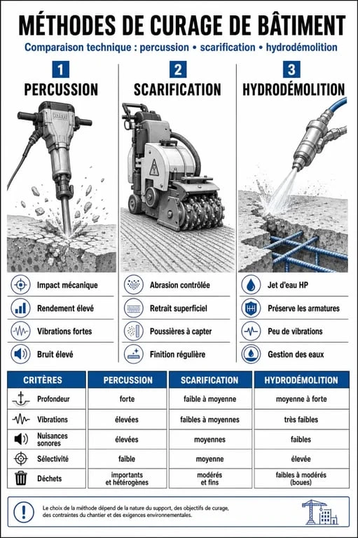 Infographie comparative des méthodes de curage de bâtiment : percussion, scarification et hydrodémolition