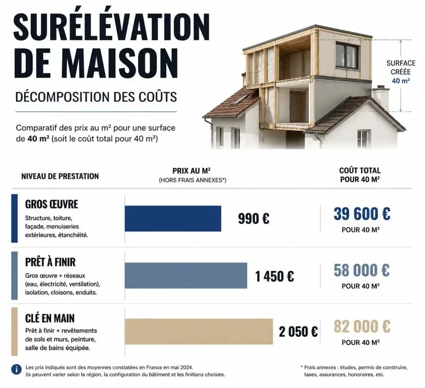 Infographie des prix d'une surélévation de maison de 40m2 selon le niveau de finition