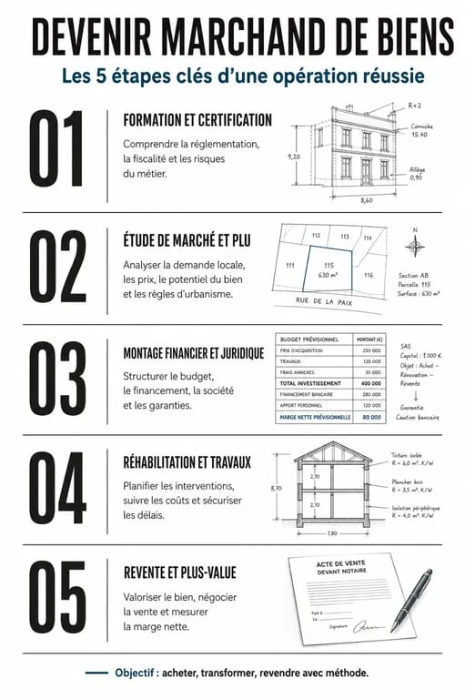 Infographie des étapes clés pour réussir sa formation marchand de bien et lancer son activité immobilière